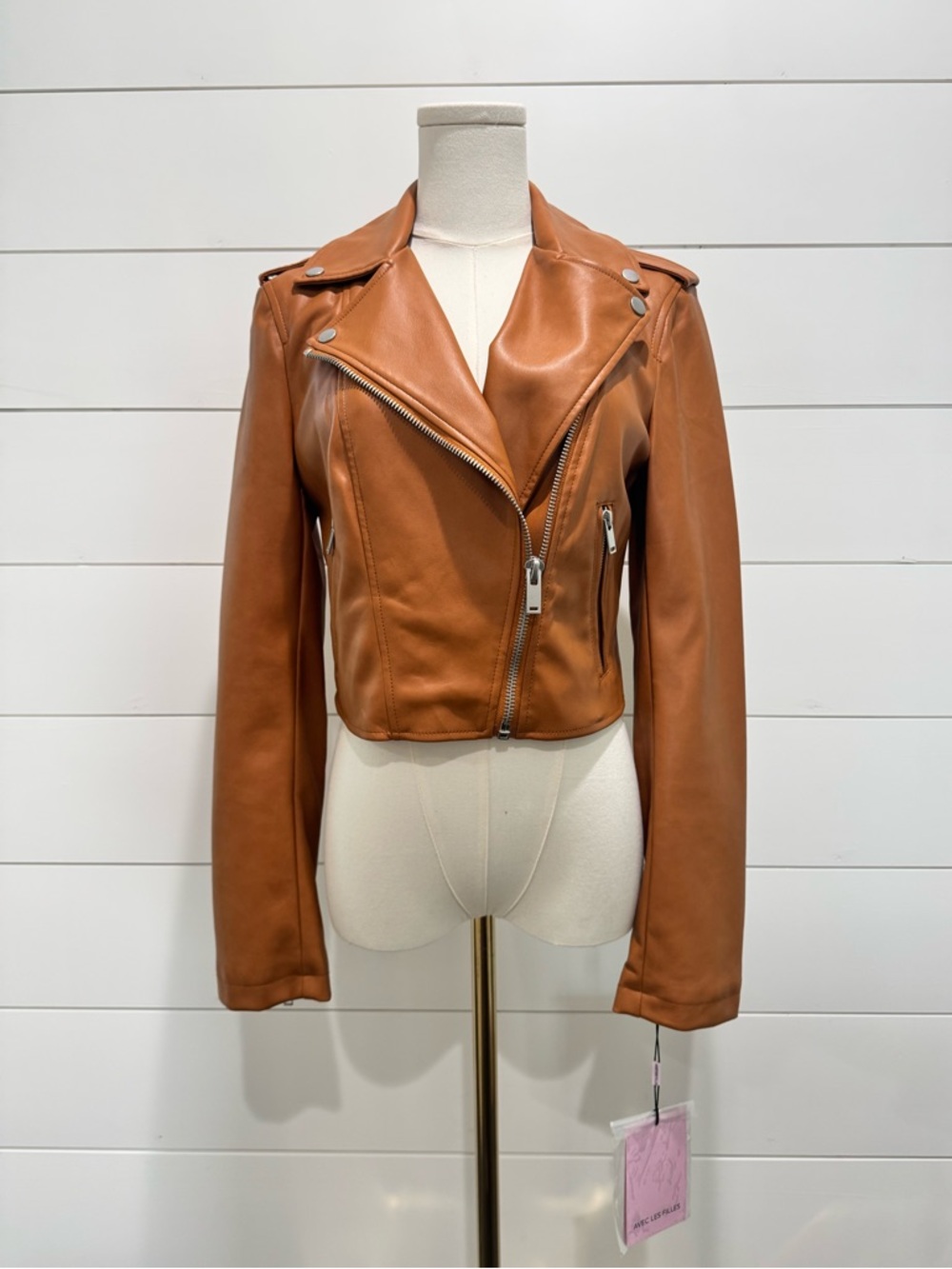 NWT🔖Avec Les Filles Camel Faux Leather Moto Jacket XS Cropped Biker